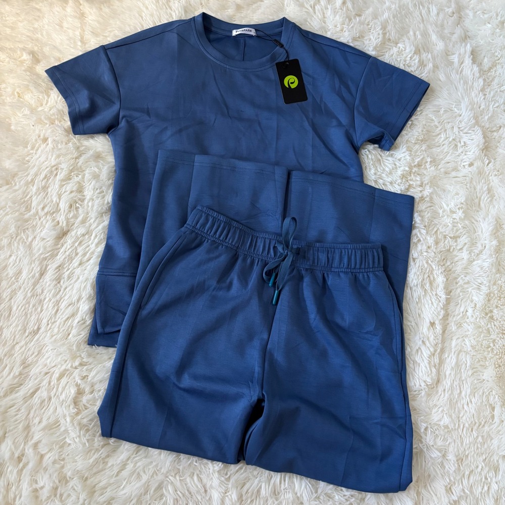 Pinspark Blue Lounge Set Short Sleeve Top Wide Leg Pants Size Small NWT